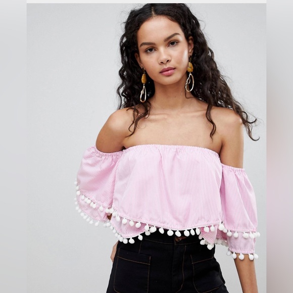 QED London Tops - QED London Off Shoulder Crop Top With Pom
Pom Trim